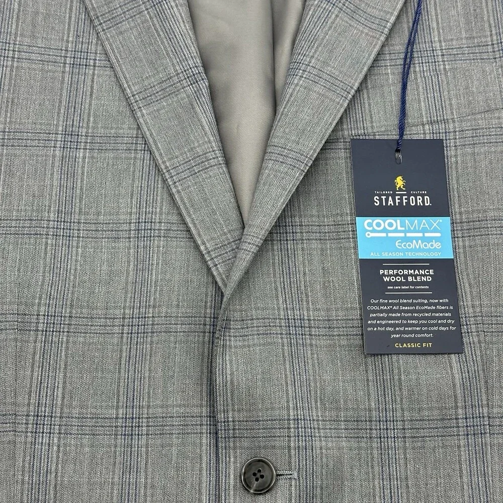 Stafford Cool Max Classic Fit Size 40R Gray Navy Plaid 2-Button Suit Jacket NWT